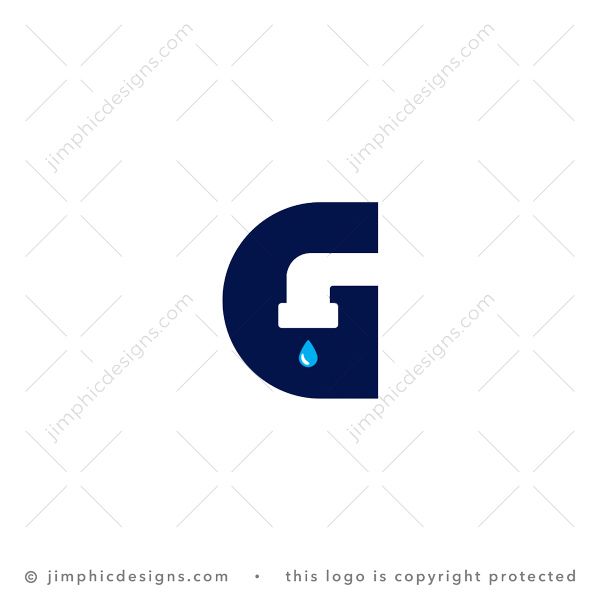 Letter G Tap Logo logo for sale: Sleek and clean uppercase letter G is shaped with a white negative space tap in the center and a water drop falling from the tap.