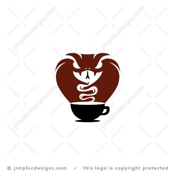 Cobra Coffee Logo logo for sale: Sleek cobra snake head is shaped above an iconic cup of coffee with the steam connecting to the mouth.