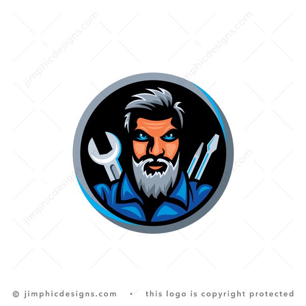 Handyman Logo logo for sale: Action packed handy man looking straight at the person. The handyman also have his tools sticking to his back like a samurai always have his fighting tools ready at any moment.