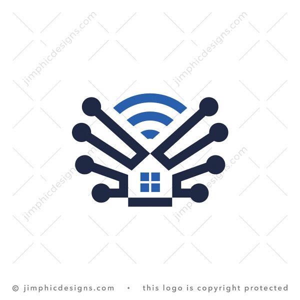 Connected House Logo logo for sale: Iconic house is shaped with cyber graphics and a big WiFi signal on top.