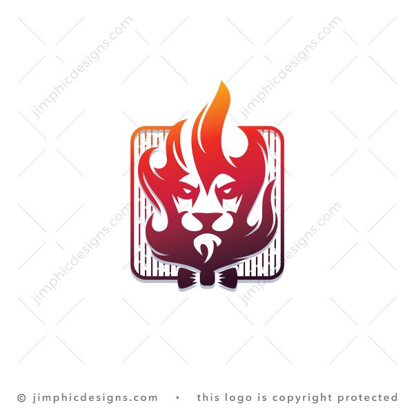 Formal Fire Lion Logo logo for sale: Sleek lion head is shaped inside a fire shaped like a stylish hairstyle with a bow tie at his neck.