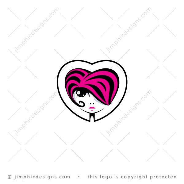 Heart Woman Logo logo for sale: Charming female face and hair design is shaped inside a big heart shape.