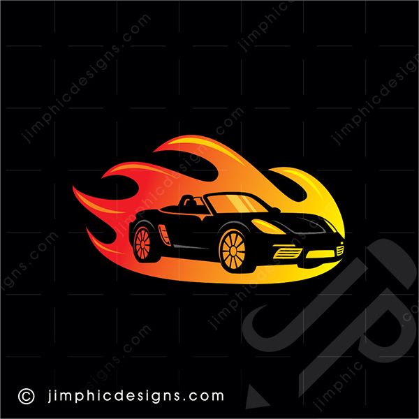 Speeding sports car is shaped inside a flame in a moving motion.