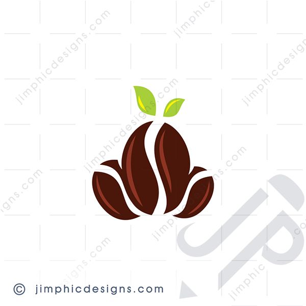 One big coffee bean graphic with two green leafs on top and two smaller coffee beans sticking out from behind.