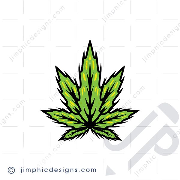 Green cannabis leaf in it's icon format featuring seven pointy leaves.