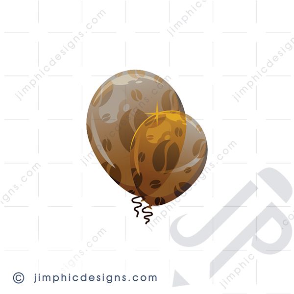 Two shiny and transparent balloons wrapped in a coffee bean pattern hanging next to each other.