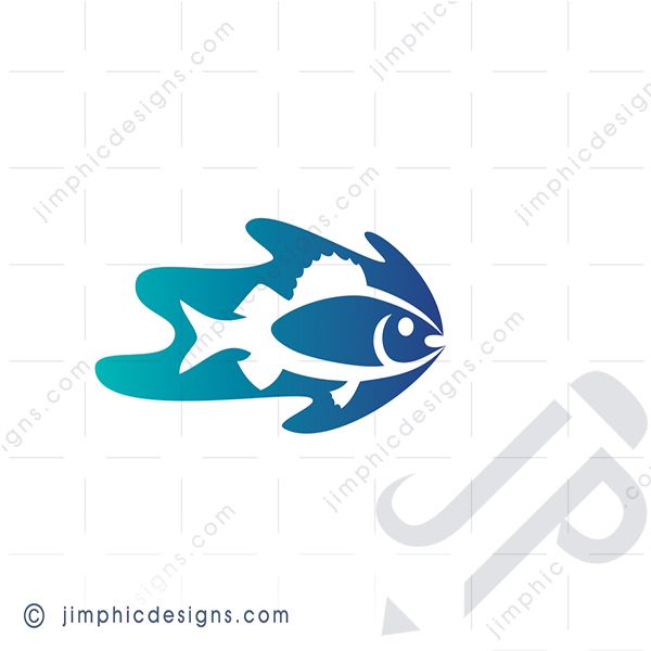An iconic fish shaped with the shadows on his body inside a water splash graphic.
