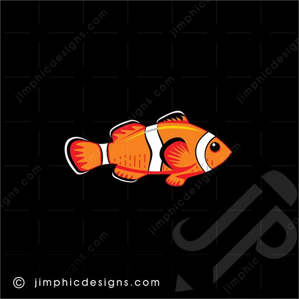 A general Clownfish type fish in orange with white and black outlined stripes over his fish body