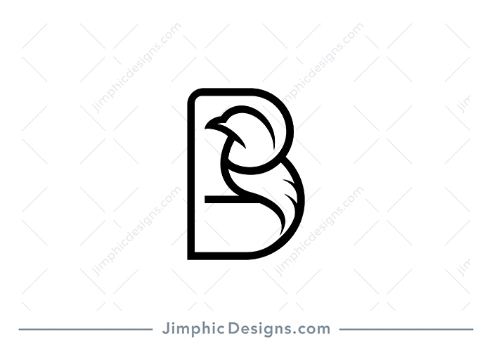 Elegant bird sitting peacefully is shaped with line graphics and an uppercase letter B outside.