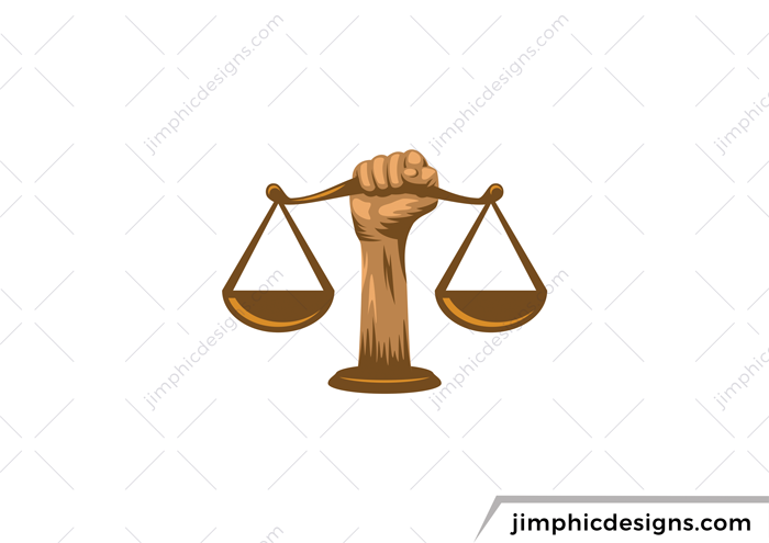 Two scales of justice are being hold up with a golden fist.