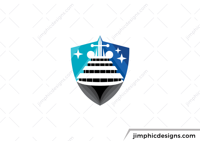 Modern cruise ship design inside a shield shape.