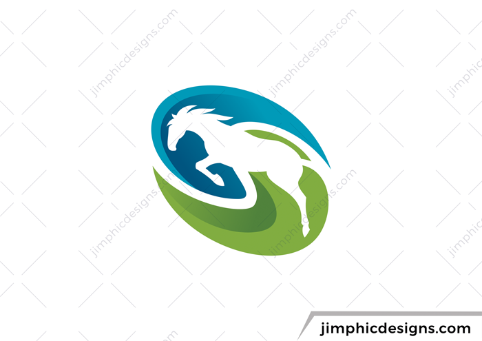 Modern letter logo is shaped with two abstract shapes around a horse design.