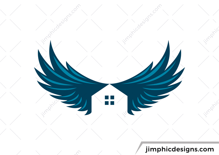 Iconic house graphic is shaped with two open wings.