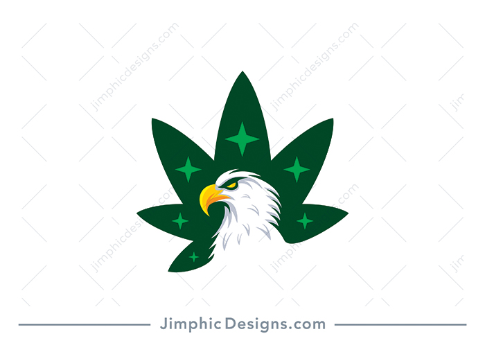 Modern and strong eagle head shaped inside an iconic cannabis leaf design.