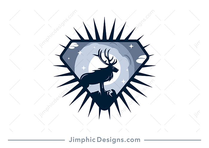 Deer animal standing strong with his chest puffed inside a diamond shape, in the night light.