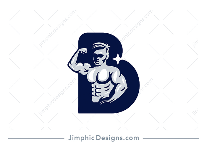 Modern and smooth uppercase letter B is shaped around a strong man bulging his muscles.