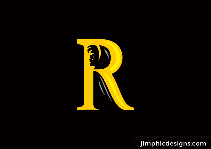 Letter R with a lady walking with a cloak inside.