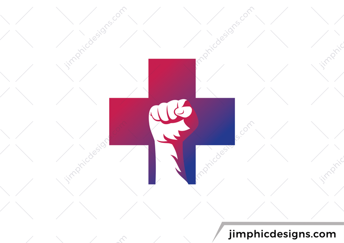 Iconic medical cross design with a victorious fist in the middle.