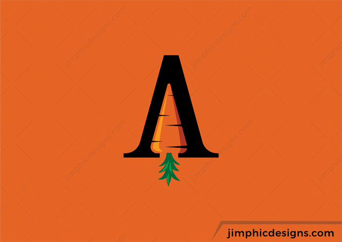 Bold carrot graphic is shaped in the negative space created with the letter A.