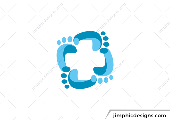 Medical cross is shaped in negative space with feet walking in a circle.