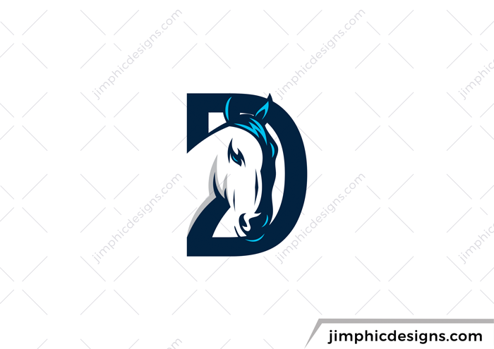 Modern horse head design looking through the letter D.