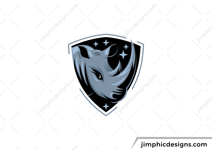 Abstract rhino design inside a crest shape, representing security.