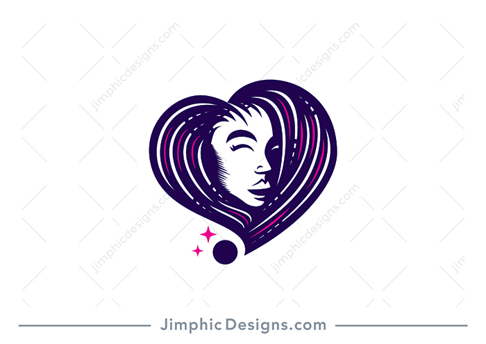 Charming heart shape featuring a woman inside with her hair shaped as the heart.