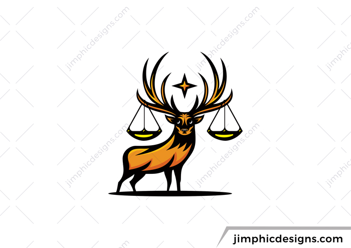 Modern deer design holding the scales of justice in his horns.