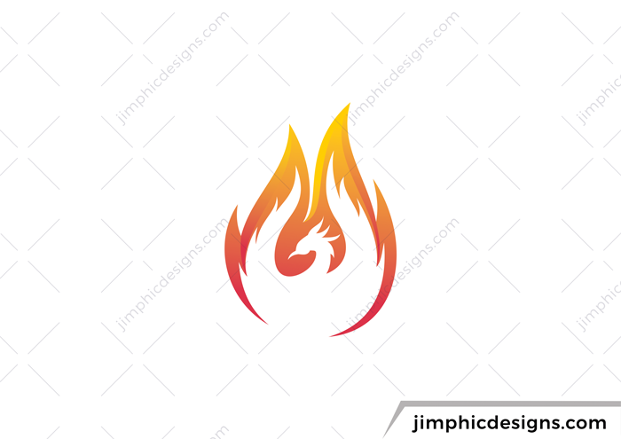 Flame graphic is shaped with negative space of a phoenix bird.