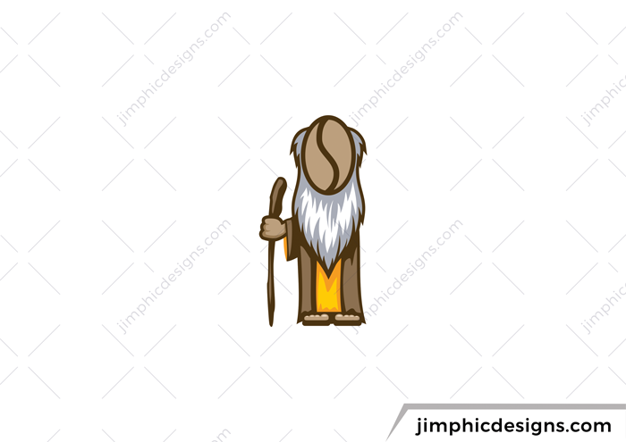 Wise old man with a white beard and wooden cane have a coffee bean face.