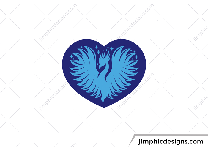 Iconic heart shape featuring a phoenix bird with his wings spread wide.