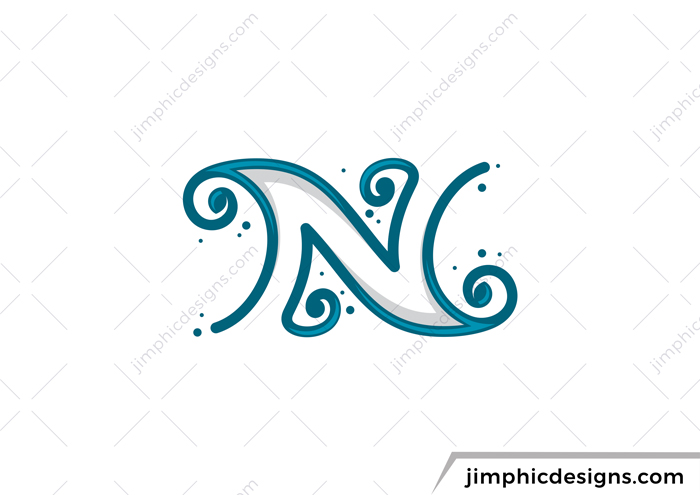 Modern uppercase letter N design is shaped with curly lines.