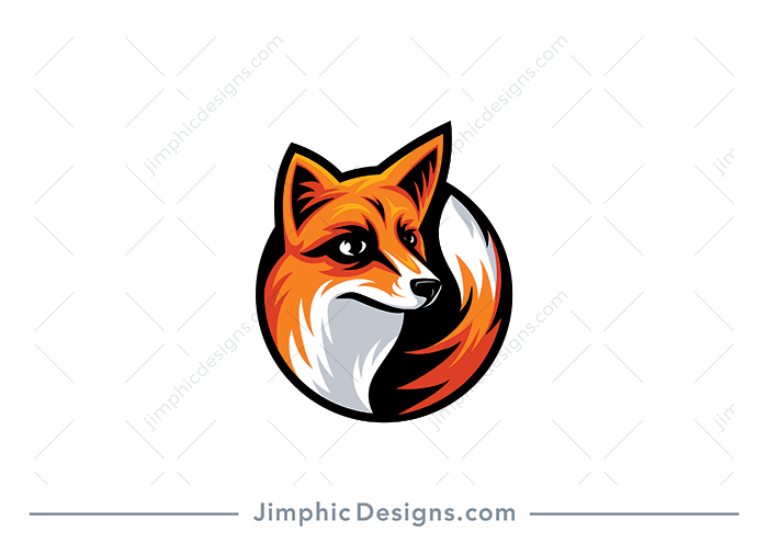 Modern fierce looking fox shaped inside a circle with his tail.