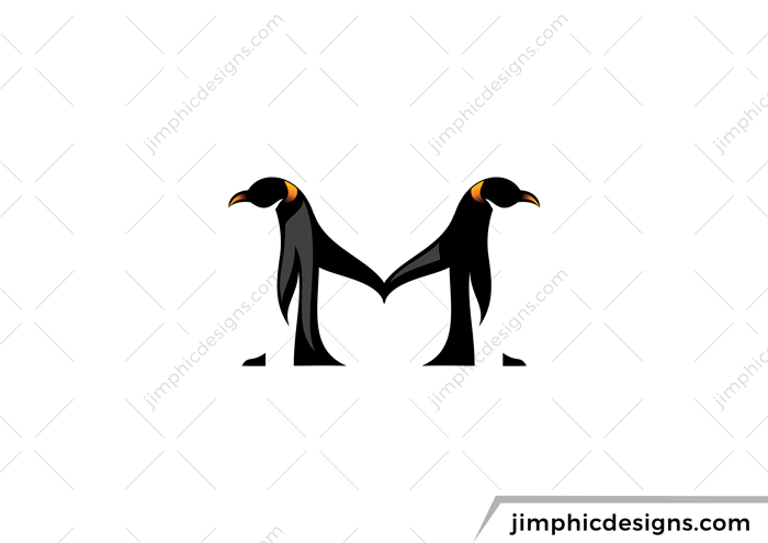 Two penguins holding hands to create the shape of the letter M