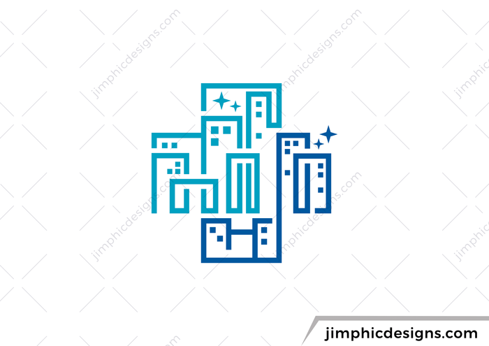 Iconic medical cross with a city landscape inside shaped with simple line graphics