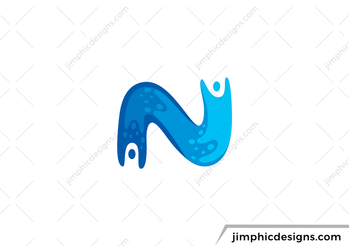 Letter N design is shaped with water based graphics and a happy figure on each side.