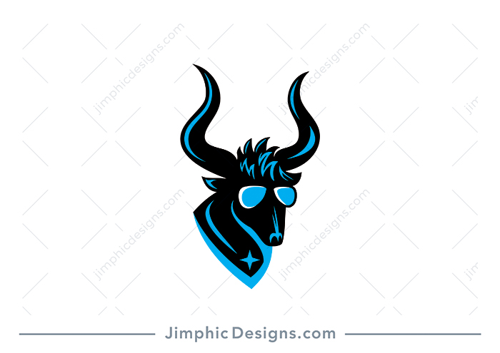 Modern and cool bull design with big twisting horns and sunglasses on his face inside an abstract crest. 