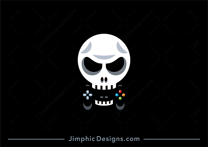 Modern and clean skull shaping a gaming controller between his teeth.