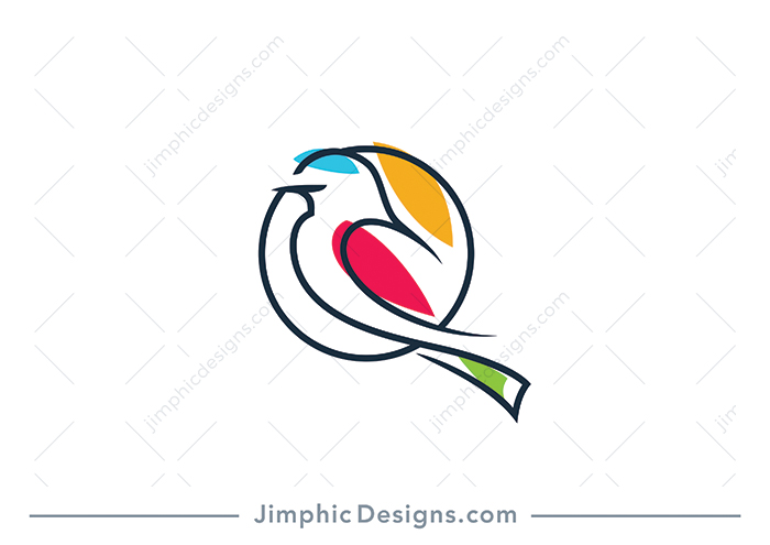 Sleek bird shaped inside a circle with line drawing art and abstract colorful graphics.