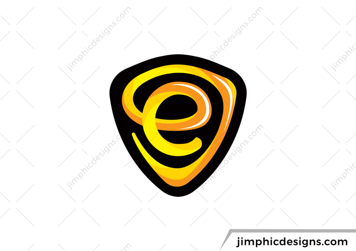 Smooth lowercase letter e design inside a pick shaped crest.