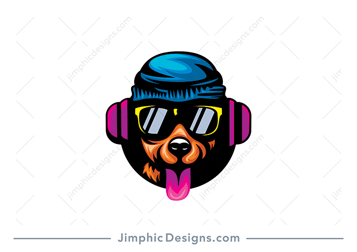 Modern dog design wearing sunglasses and a snow cap on his head while listening music through big earphones and sticking out his tongue. 