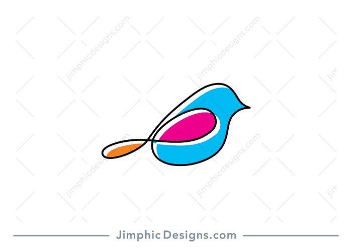 Simplistic bird shaped with a one line drawing and bright colors.