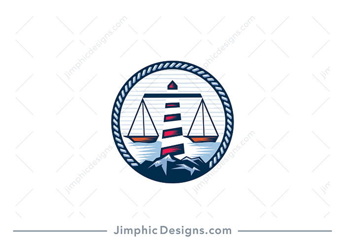 Modern scale of justice design is shaped with a lighthouse standing on a rocky surface holding two scales in the shape of sailing boats. 