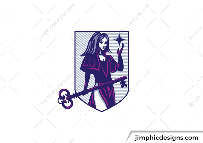 Warrior standing with a key in her hand inside a crest design.