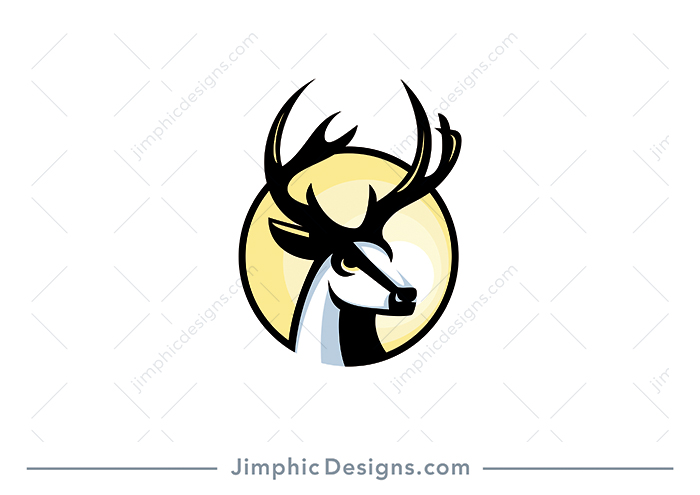 Modern deer head design inside a circle featuring the sun in the background.