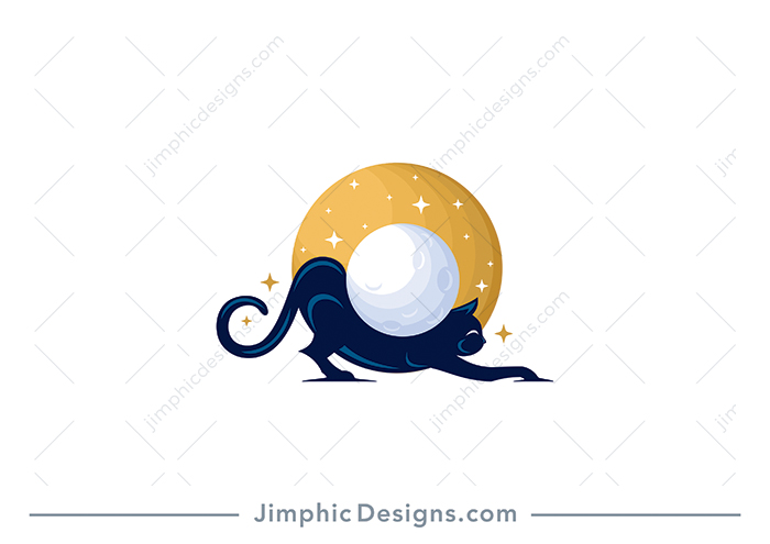 Modern cat stretching himself with his back curled into a perfect circle to shape the moon with starts. 