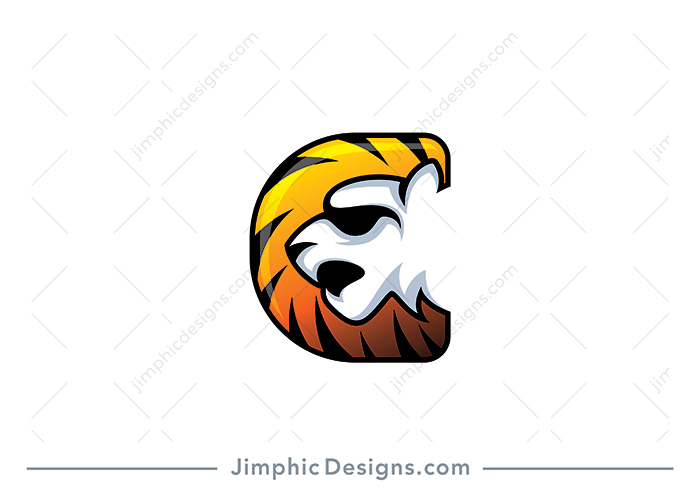 Modern and smooth letter C design featuring a fierce tiger head in white negative space.