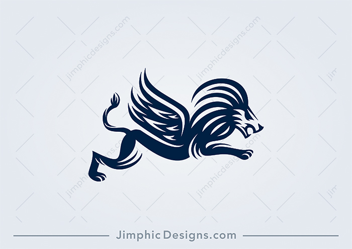 Modern lion design in a jumping motion through the air with wings on his back.