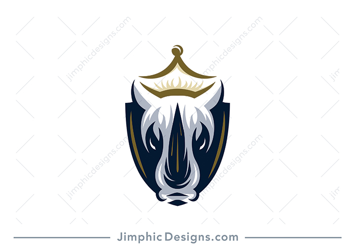 Modern rhino head shaped inside an iconic crest shape with a crown on top.