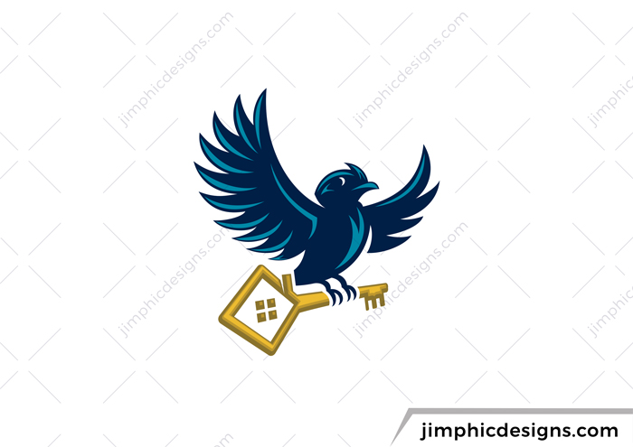 Eagle bird flying with a golden key.